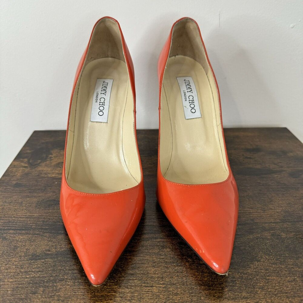 Jimmy Choo Abel Patent Leather Classic Pumps Size 38.5 US 8.5 Orange Stiletto - Picture 3 of 13